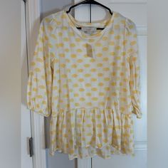 Yellow Dot Shirt. Brand New Tags Still On. Great Condition. Never Worn Casual Yellow Tops For Brunch, Yellow Crew Neck Top With Lemon Print, Yellow Lemon Print Crew Neck Top, Casual Yellow Tops With Lemon Print, Spring Mustard Crew Neck Top, Mustard Crew Neck Top For Spring, Yellow Relaxed Fit Short Sleeve Blouse, Casual Lemon Print Tops For Spring, Casual Mustard Cotton Blouse