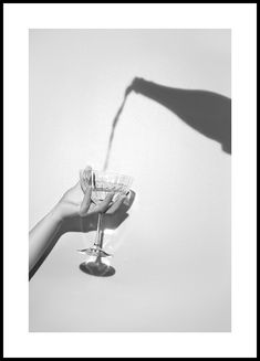 a person holding a wine glass in their hand with the shadow of a woman's arm