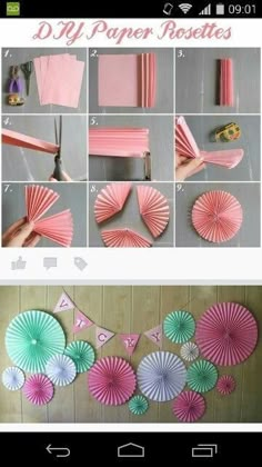 the instructions for how to make paper fan wall hangings in pink, green and blue