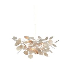 a white chandelier with leaves hanging from it's center and two lights on each side