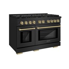 a black stove with two ovens and gold knobs on the front, against a white background