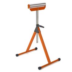 an orange and silver stand with wheels on it's legs, showing the top section