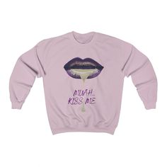 We are showcasing a cheeky graphic design print style Muah Kiss Me sweatshirt. We want this print design to bring contemporary yet cheeky edge to this classic sweatshirt style. This edgy print design on the front of any sweatshirt collaborates with any sweatshirt colours the design is printed on. Made from polyester and cotton for pure comfort.. This combination helps designs come out looking fresh and beautiful with a ribbed collar knit, so it retains its shape even after washing. There are no Trendy Fall Graphic Sweatshirt, Trendy Streetwear Sweater With Screen Print, Trendy Sweater With Screen Print For Streetwear, Trendy Long Sleeve Sweatshirt With Funny Print, Funny Print Cotton Sweatshirt For Streetwear, Cotton Sweatshirt With Funny Print For Streetwear, Funny Print Long Sleeve Sweatshirt For Streetwear, Streetwear Crew Neck Sweatshirt With Funny Print, Relaxed Fit Sweatshirt With Funny Print For Streetwear