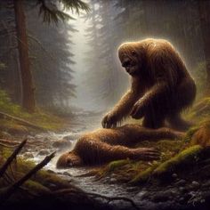 a brown bear sitting on top of a forest floor next to a river in the woods