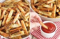 french fries being dipped with ketchup and then fried