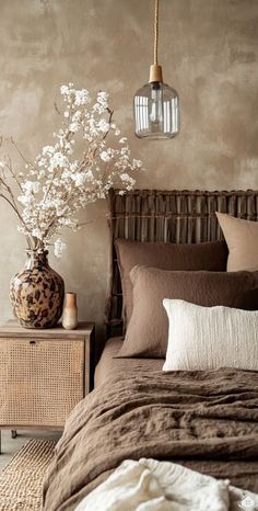 a bedroom with a bed, nightstand and flowers in vases on the headboard