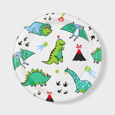 a paper plate with dinosaurs and volcanos printed on the front, in white background