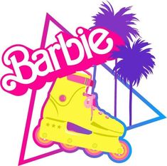 a yellow roller skate with palm trees and the word barbie on it's side