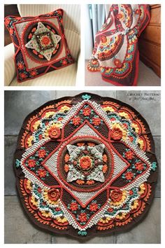 two pictures show different patterns on the same rug and pillow, one is made with crochet