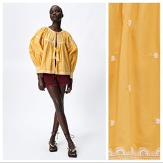 Nwt. Zara Yellow Embroidered Jacket/Shirt With Tassles, Round Neckline, Long Full Sleeves And Cuffs, Contrast Embroidery Detail, Tassled Ties With Beads At The Front For Fastening. Size Xxl. Ref. 5107/060. Pit To Pit 26" Flat, Sleeves 28", Length 25".1011 Yellow Long Sleeve Tops With Floral Embroidery, Yellow Embroidered Tops For Fall, Fall Yellow Cotton Blouse, Yellow Cotton Blouse For Fall, Zara Yellow Spring Blouse, Zara Mustard Top For Spring, Spring Yellow Blouse With Floral Embroidery, Yellow Floral Embroidered Blouse For Spring, Yellow Blouse With Floral Embroidery For Spring