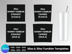 four different tumblers with labels on them and the same size as each one is shown