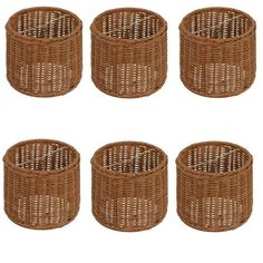 six brown wicker baskets on white background