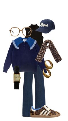 an outfit with leopard print, blue sweater and brown shoes is featured in the image