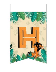 a banner with the letter h and a lion on it, surrounded by tropical leaves