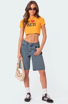 EDIKTED Oversize Low Rise Denim Bermuda Shorts | Nordstrom Oversized Jean Shorts, Long Jean Shorts Outfit, Baggy Shorts Outfit, Bermuda Shorts Outfit, Long Jean Shorts, Long Denim Shorts, Jean Short Outfits, Baggy Clothes, Swimwear Dress