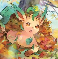 a pokemon sitting in the leaves next to a tree