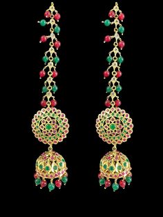 gold plated earrings color of stone - green and ruby pink type of stone - cz Polki pearls / beads - quartz beads plating - gold plated length in inches - 2.8 inches width in inches - 1 inches Ear post - straight Festive Bollywood Style Earrings With Round Beads, Bollywood Style Round Bead Earrings For Festive Occasions, Festive Stone Work Beaded Earrings, Festive Green Round Bead Earrings, Festive Temple Jewelry Earrings With Round Beads, Kundan Round Beads Temple Jewelry Earrings, Kundan Temple Jewelry Earrings With Round Beads, Gold Bollywood Earrings With Round Beads, Gold Kundan Round Bead Earrings