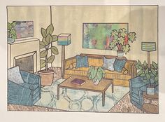 a drawing of a living room with couches, tables and plants in the corner