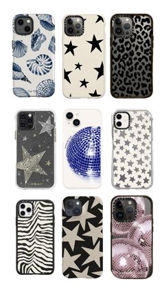 six cases with different designs on them, all in various colors and sizes are shown