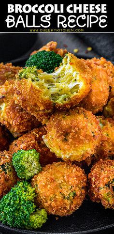 broccoli cheese balls are piled on top of each other in a black plate