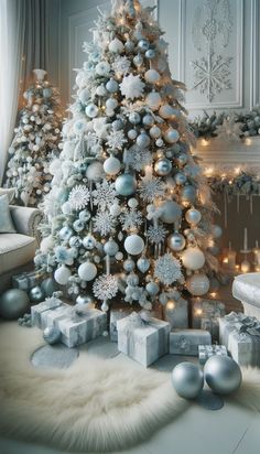 a christmas tree with silver and white ornaments