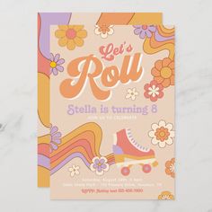 a birthday party card with roller skates and flowers