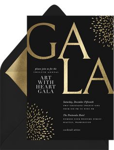 an elegant black and gold wedding card with the word gala on it