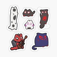 six stickers with different types of monsters and cats on them, all in various colors