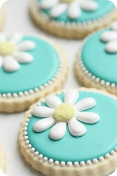 decorated cookies with blue icing and white flowers on them are arranged in the shape of circles