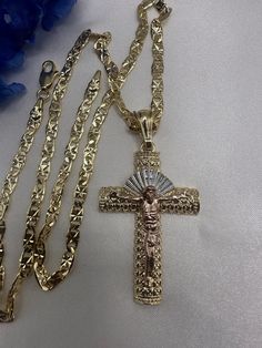 20" Chain with Pedant  Gold Plated Tarnish Free Luxury Cubic Zirconia Crucifix Necklace, Cheap Charms Jewelry With Cross Pendant, Luxury Crucifix Cross Necklace For Formal Events, Gold Cross Necklaces, Cross Necklace Gold, Dope Jewelry Accessories, Rapper Style, Cross Jewelry Necklace, Pretty Accessories