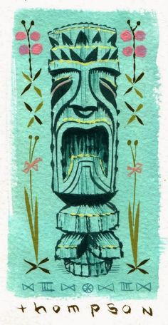 a drawing of a tiki with flowers around it