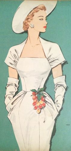 a woman in a white dress and hat with grapes on her waist, standing against a green background