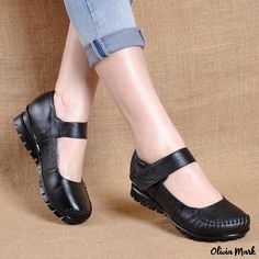 Olivia Mark - Stylish Retro Single Shoes with Thick Soles, Velcro Straps and Shallow Mouth Design Low Cut Shoes, Mary Jane Platform Shoes, Silver High Heels, Leopard Print Flats, Vintage Slips, Chunky High Heels, Pu Heels, Peep Toe Sandals, Leather Mary Janes