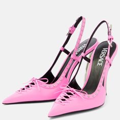 Step Out In Style With These Versace Slingback Pumps Made From Supple Calfskin Leather. In Pink, They’re Defined By Their Curved Stiletto Heels, Silver-Toned Rivets, And Razor-Sharp Toes Accented By Lace-Up Detailing. Lining: Leather Upper: Cow Leather Sole: Leather Insole And Sole Toe Shape: Pointed Toe No Dust Bag Or Box Designer Color Name: Pink Paradise-Palladio Closure: Buckle-Fastening Ankle Strap Made In Italy Item Number: P00774230 Versace Shoes, Pink Pumps, Pink Heels, Slingback Pump, Rivets, Cow Leather, Shoes Women Heels, Calf Skin, Stiletto Heels