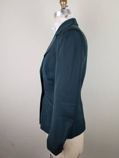 Good vintage condition No tags Measurements Shoulders 17 Bust 40 Waist 30 CB 27 Sleeve 26 Classic Fitted Dark Green Blazer, Fitted Classic Dark Green Blazer, Fitted Green Sport Coat For Semi-formal Occasions, Fitted Green Blazer For Fall, Green Fitted Blazer For Fall, Classic Dark Green Blazer With Notch Lapel, Formal Green Blazer With Lapel Collar, Green Notch Lapel Blazer With Pockets, Green Blazer With Welt Pockets For Business