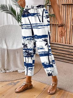 Pants Length:Regular Edition type:Loose Thickness:Lightweight Size Type:Plus Size Material:Polyester Activity:Daily,Commuting,Vacation Style:Casual Theme:Summer Color:Printed Size:0XL,1XL,2XL,3XL,4XL,5XL Size Chart Plants Tropical, Blue Plants, Summer Color, Vacation Style, Pants Length, Printed Pants, Summer Colors, On A Budget, Colorful Prints