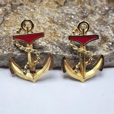 Vintage Estate Designer Signed Avon 1989 Anchors Away Earrings Pierced Red Enamel Gold Tone Nautical Statement Fashion Costume Jewelry Collectable Size - See picture Great Condition! Please consider the images as an integral part of description. Estate and vintage items normally have been loved and used so pieces may have signs of wear. Earrings made need to be cleaned. You will receive what is pictured Statement Fashion, Fashion Costume, Gold Enamel, Estate Jewelry, Jewelry Earrings Studs, Costume Jewelry, Fashion Statement, Vintage Items, Gold Tones