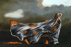 a painting of a woman in a flowing dress with her arms behind her back, on fire