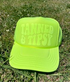 Hat has plastic, adjustable snap, back closure. Adjustable Green Hats For Festivals, Adjustable Green Hat For Festivals, Adjustable Green Hat For Festival, Fun Brimmed Summer Costume Hats, Green Trucker Hat With Curved Brim For Beach, Green Trucker Hat For Beach And Summer, Green Snapback Beach Hat, Adjustable Brimmed Green Mini Hats, Adjustable Green Brimmed Mini Hats