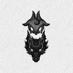 a black and white drawing of a wolf's head with flames coming out of it