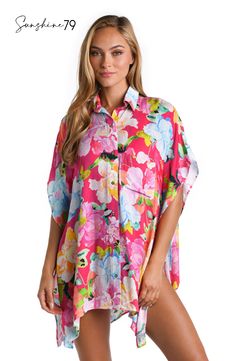 Model is wearing a colorful floral resort shirt cover up from the Sunshine 79 Expressive Garden Collection Spring Hibiscus Print Shirt With Camp Collar, Spring Hibiscus Print Relaxed Fit Shirt, Spring Relaxed Fit Hibiscus Print Shirt, Spring Multicolor Hawaiian Shirt With Camp Collar, Multicolor Hawaiian Shirt With Camp Collar For Spring, Spring Beach Camp Shirt, Spring Floral Print Camp Shirt, Floral Print Camp Shirt For Spring And Summer, Floral Print Camp Shirt For Spring