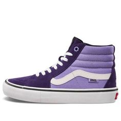 The Vans Lizzie Armanto x Sk8-Hi Pro 'Lavender Pack' sneaker is a must-have for any skater or style-savvy individual. The leather and canvas upper pairs two tones of lavender with white for a dynamic look, while the vulcanized sole and rubber outsole keep things classic and skate-ready. This sneaker is sure to turn heads whether you're hitting the streets or the skate park. (SNKR/Skate/Casual/Unisex/High Top) Sporty Purple Skate Shoes With Laces, Lavender Lace-up Sneakers With Boost Midsole, Sporty Lavender Sneakers With Rubber Sole, Lavender Sporty Sneakers With Rubber Sole, Purple Skate Shoes With Vulcanized Sole For Streetwear, Purple Vulcanized Sole Skate Shoes For Streetwear, Purple High-top Sneakers With Gum Sole, Sporty Purple Sneakers For Skateboarding, Lavender High-top Sneakers For Streetwear