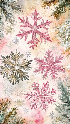 snowflakes and pine branches on a pink, green, yellow and white background