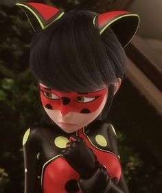 a cartoon character dressed in black and red