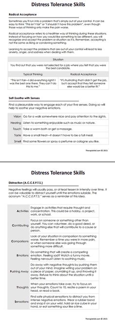 DBT Distress Tolerance Skills Preview Distress Tolerance Skills, Dbt Therapy, Distress Tolerance, Dbt Skills, Radical Acceptance, Dialectical Behavior Therapy, Mental Health Counseling, Therapeutic Activities, Counseling Activities