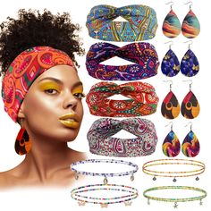 PRICES MAY VARY. Full Set African Jewelry for Women - The headband set includes 4 piece of African print headband, 4 pair of leather earrings, and 4 piece of African waist chain, which can satisfy your needs for head wraps for women. Premium head bands for women's hair - The womens headbands set is made of quality chiffon. The wide headbands for women are stretchable and comfortable to wear. The African earrings adopts PU material, which is waterproof and lightweight. Dress Up - These Colorful t African Headband, Head Wrap African, Womens Headbands, Boho Headbands, Wide Headbands, Thick Headbands, Head Wraps For Women, African Head Wraps, African Earrings