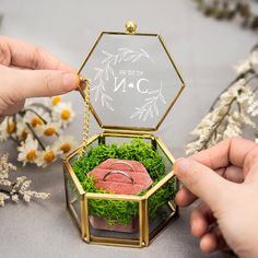 two hands holding an open ring box with moss in it and another hand reaching for the inside