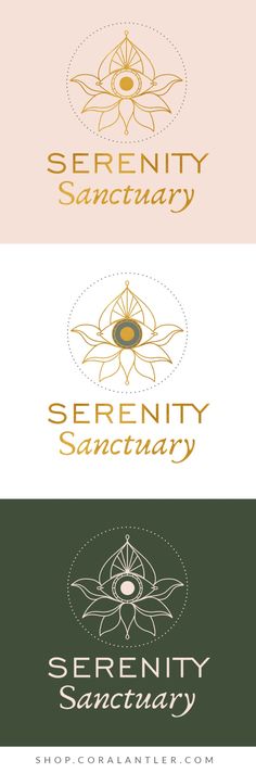 four different logos with the words serenity and sanctuary on them, all in gold