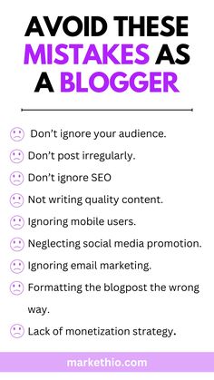 a white and pink poster with the words avoid these mistakes as a blogger