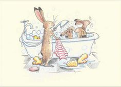 a drawing of a bunny taking a bath